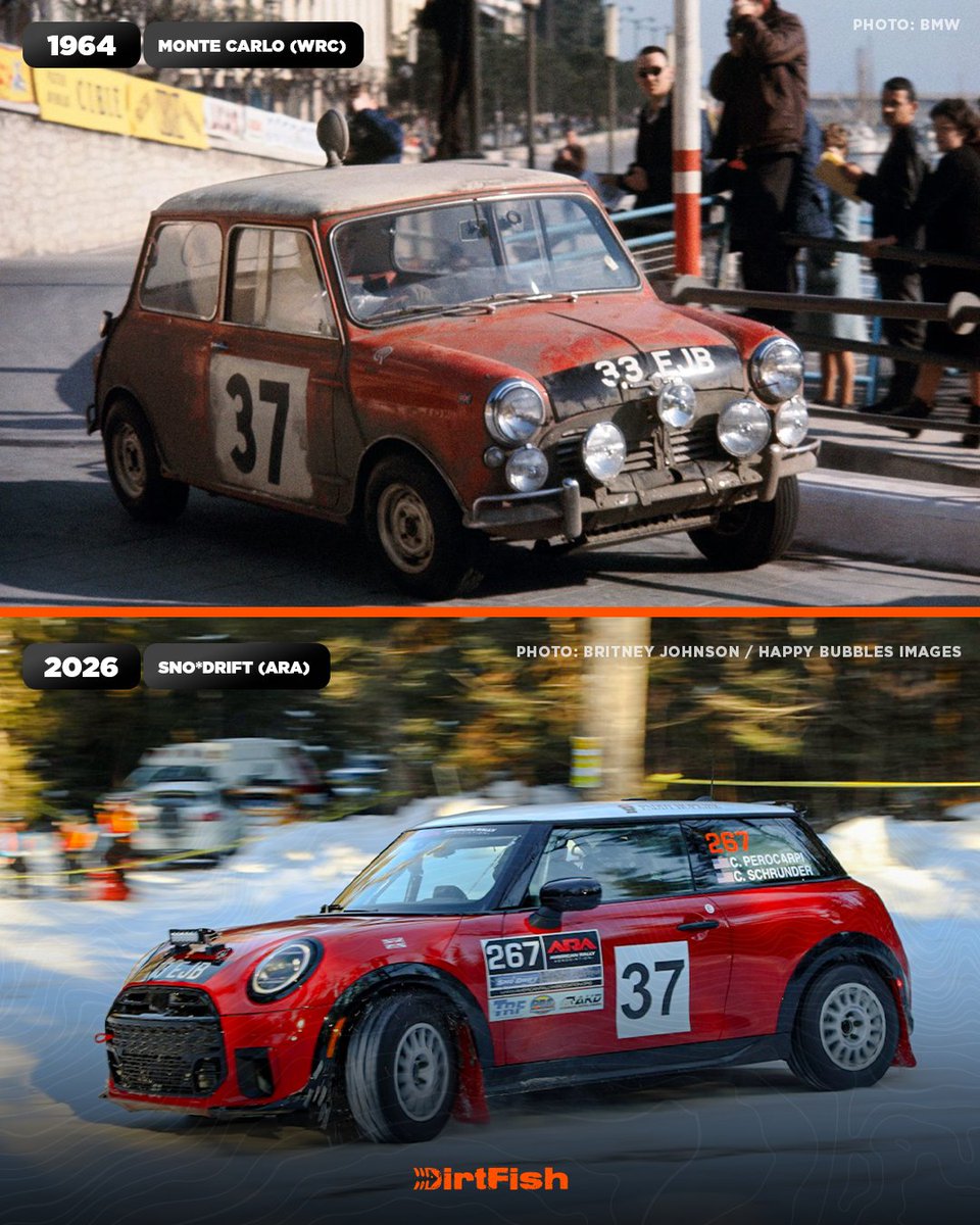 DirtFishRally's tweet photo. Past and the present 🤝

Cristian Perocarpi's Mini in ARA pays homage to Paddy Hopkirk's Monte Carlo winner 🇺🇸🇲🇨 https://t.co/gVK24RjaeI