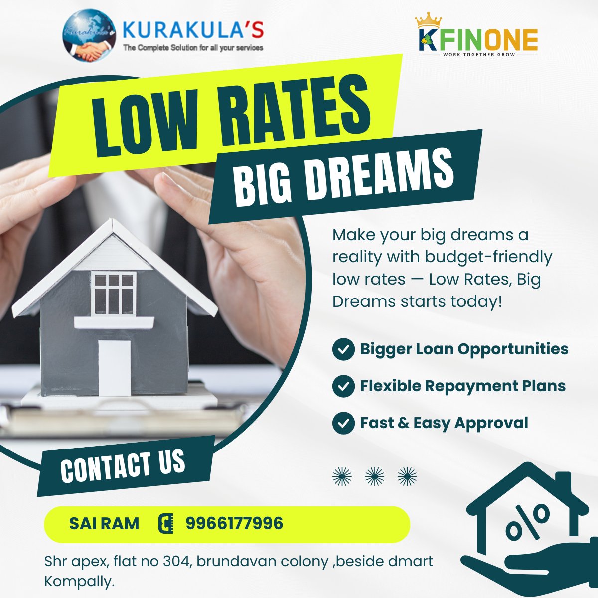 sairamkurakulas's tweet photo. Low Rates, Big Dreams! 🏡
Get bigger loans with flexible repayment & fast approval.
📞 Sai Ram: 9966177996
📍 Shr Apex, Flat 304, Brundavan Colony, Beside Dmart, Kompally
#lowrates #bigdreams #homeloan #financing #kompally #easyapproval https://t.co/NBgezf8ahm