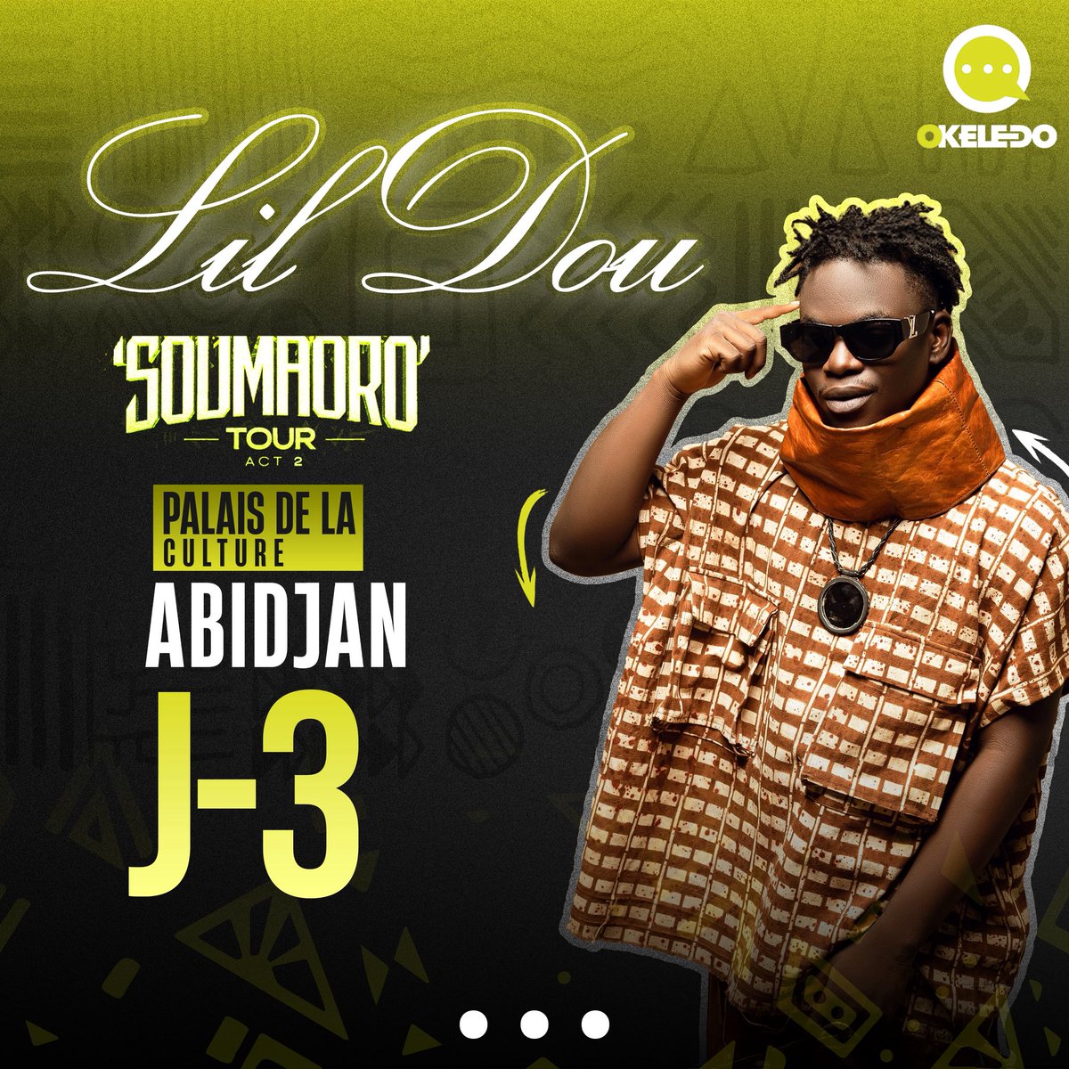 Il ne reste que 3 jours pour réserver ta place ! Lil Dou va mettre le feu au Palais de la culture d'Abidjan avec ses textes de ouf et ses mélodies qui font danser ! 💃 Le concert super sonic, c'est maintenant ou jamais ! 🎉 

#LilDou #Okeledoevents