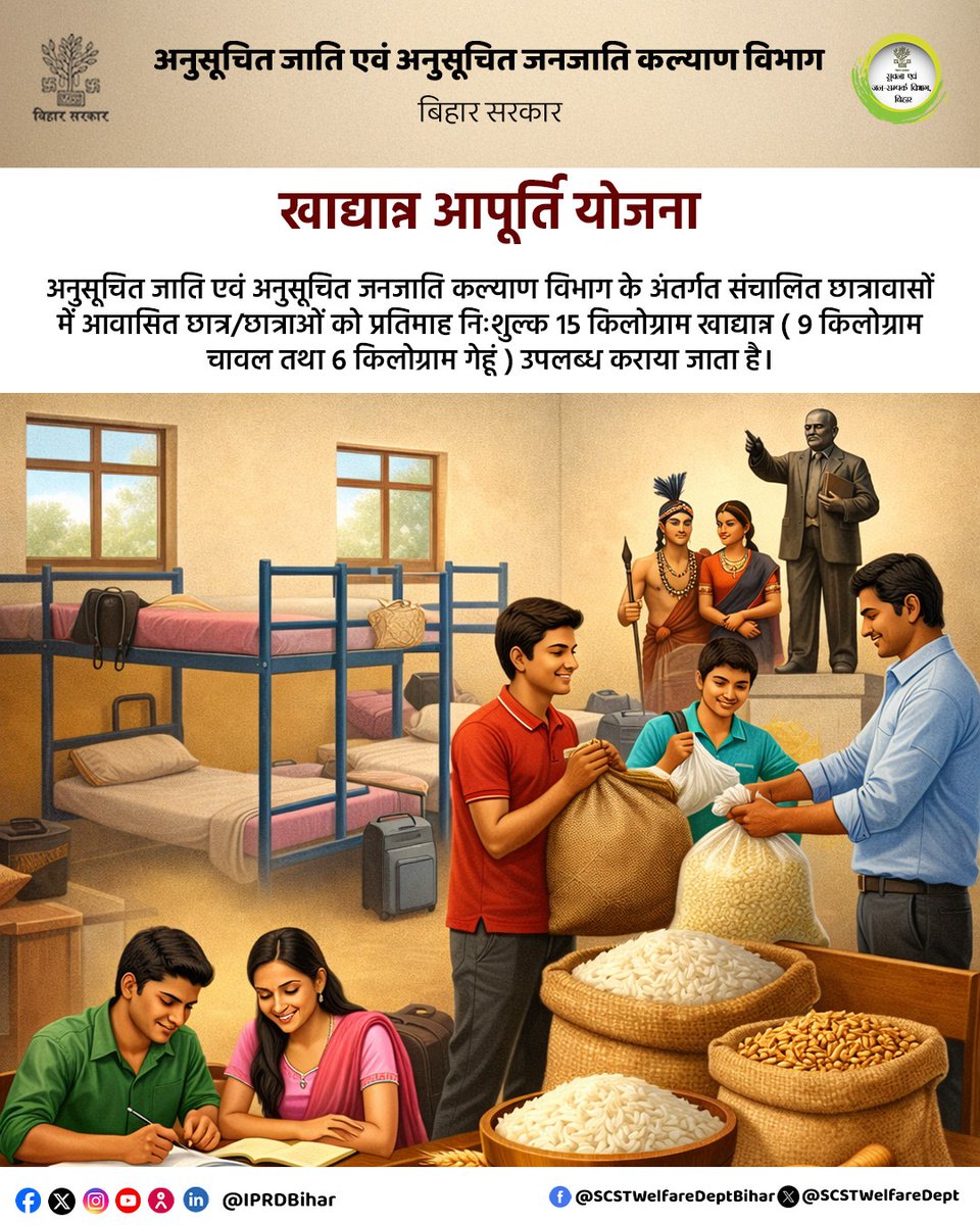 SC/ST कल्याण विभाग के छात्रावासों में आवासित छात्र/छात्राओं को प्रतिमाह 15 किलोग्राम निःशुल्क खाद्यान्न
(9 किग्रा चावल + 6 किग्रा गेहूं) उपलब्ध कराया जाता है।
#StudentWelfare
#HostelSupport
#SCSTWelfare
#BiharGovernment