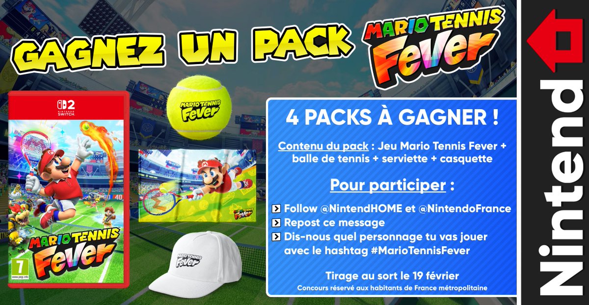 🎁 Concours – La frénésie s’empare du court ! Tentez de gagner un pack Mario Tennis Fever avec le jeu et ses goodies.

🔄 Repost + Follow <a href="/NintendHOME/">NintendHOME – News & Opinions Nintendo</a> et <a href="/NintendoFrance/">Nintendo France</a>
#️⃣ Dis-nous quel personnage tu vas jouer avec le hashtag #MarioTennisFever
📅 Tirage le 19/02 (4 gagnants)