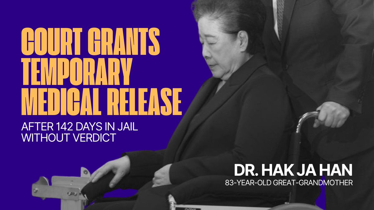 monarchreport25's tweet photo. Breaking: Court Grants Temporary Medical Release for Unification Church Leader Han Hak-ja

In a significant development today (February 11, 2026), the Seoul Central District Court (Criminal Division 27, Presiding Judge Woo In-seong) approved a suspension of detention (구속집행정지) for Dr. Han Hak-ja, 83, leader of the Family Federation for World Peace and Unification (commonly known as the Unification Church). 

The decision allows her temporary release from the Seoul Detention Center to undergo urgent heart treatment at a university hospital.

The ruling follows her legal team's February 4 application citing her advanced age, multiple chronic conditions, and the need for several days of inpatient care. 

This marks her second short-term medical suspension; in November 2025, she was briefly released for glaucoma-related eye surgery but returned to custody after the period expired without extension.

Dr. Han has been in pre-trial detention since her arrest on September 22-23, 2025, following a court-issued warrant over allegations of political bribery, illegal political funds, and related charges (which she and supporters deny as politically motivated). 

As of February 11, 2026, she has spent approximately 142 days in detention.

Her trial continues amid ongoing health concerns, including recent falls, near-total vision loss, and mobility issues reported in detention.

This humanitarian measure comes after repeated defense pleas for bail or release on health grounds. Supporters view it as a step toward addressing her deteriorating condition; the case remains highly watched for implications on religious freedom and judicial independence in South Korea.

Source: https://t.co/asr0akGMx6