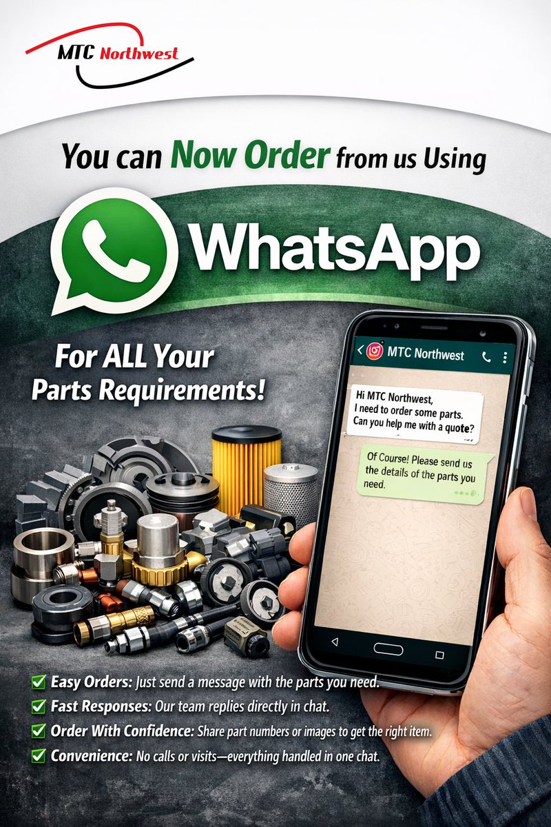 Ordering parts just got easier 👌

You can now order from #MTCnorthwest via Whatsapp - send us a message, photos or part numbers and we'll handle the rest.

➡️ For more details, or if this is something you or your workshop could benefit from, give us a call on 0151 545 4750