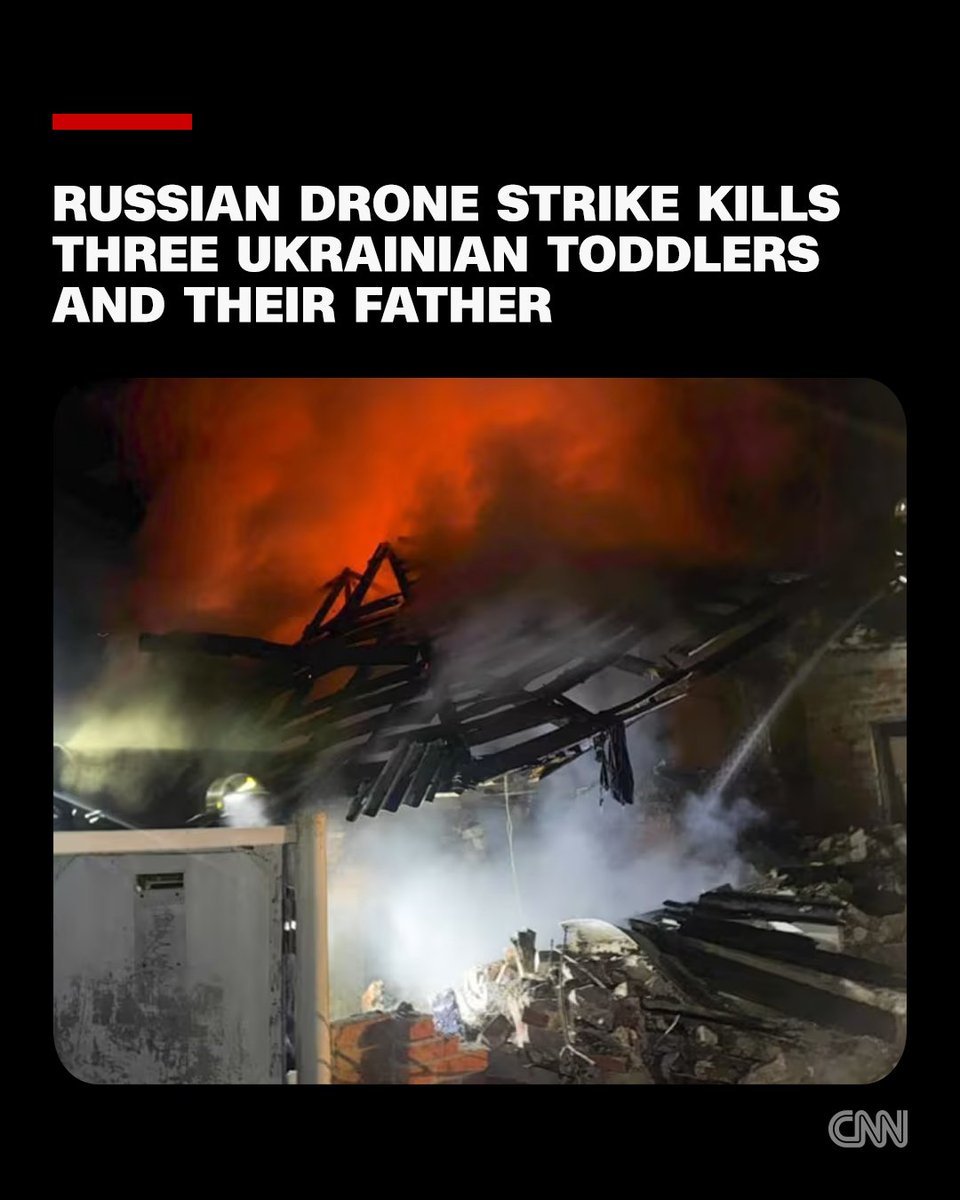 Three toddlers and their father were killed in a Russian drone strike in eastern Ukraine that also injured their pregnant mother and their grandmother, local emergency services said. cnn.it/3ZORBE9