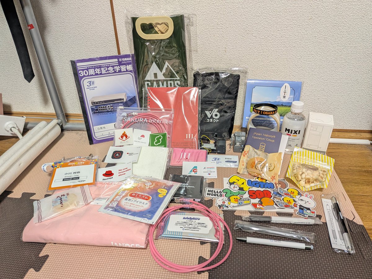 無事帰宅
もらったノベルティ並べてみたけどマジで多すぎる
これは一石65535鳥
#janog57