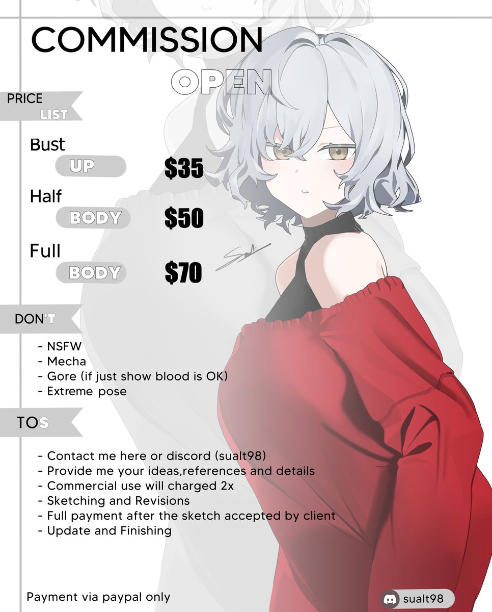 (Retweets are very appreciated!) 
Hello!!  
I'm opening 5 slot commission for this month! 
DM me here or discord (sualt98) if you're interested!       Thank you ❤️ 

#Commission #commissionsopen #illustration #CommissionSheet #Commission #commisionsopen #illustration