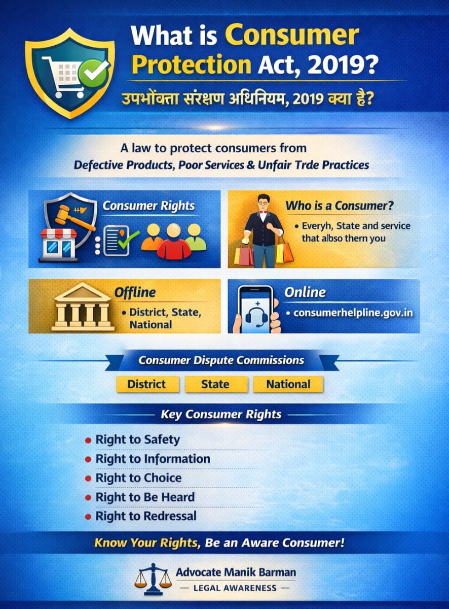 AdvManikBarman's tweet photo. I am sharing information about the Consumer Protection Act for legal awareness purposes.

Know your rights and stay informed.

Don’t stay silent — assert your rights.

🔎Read the full blog here:
https://t.co/4GocD4NO3c

#ConsumerProtectionAct #KnowYourRights #LegalAwareness https://t.co/UoLWxxAAdR