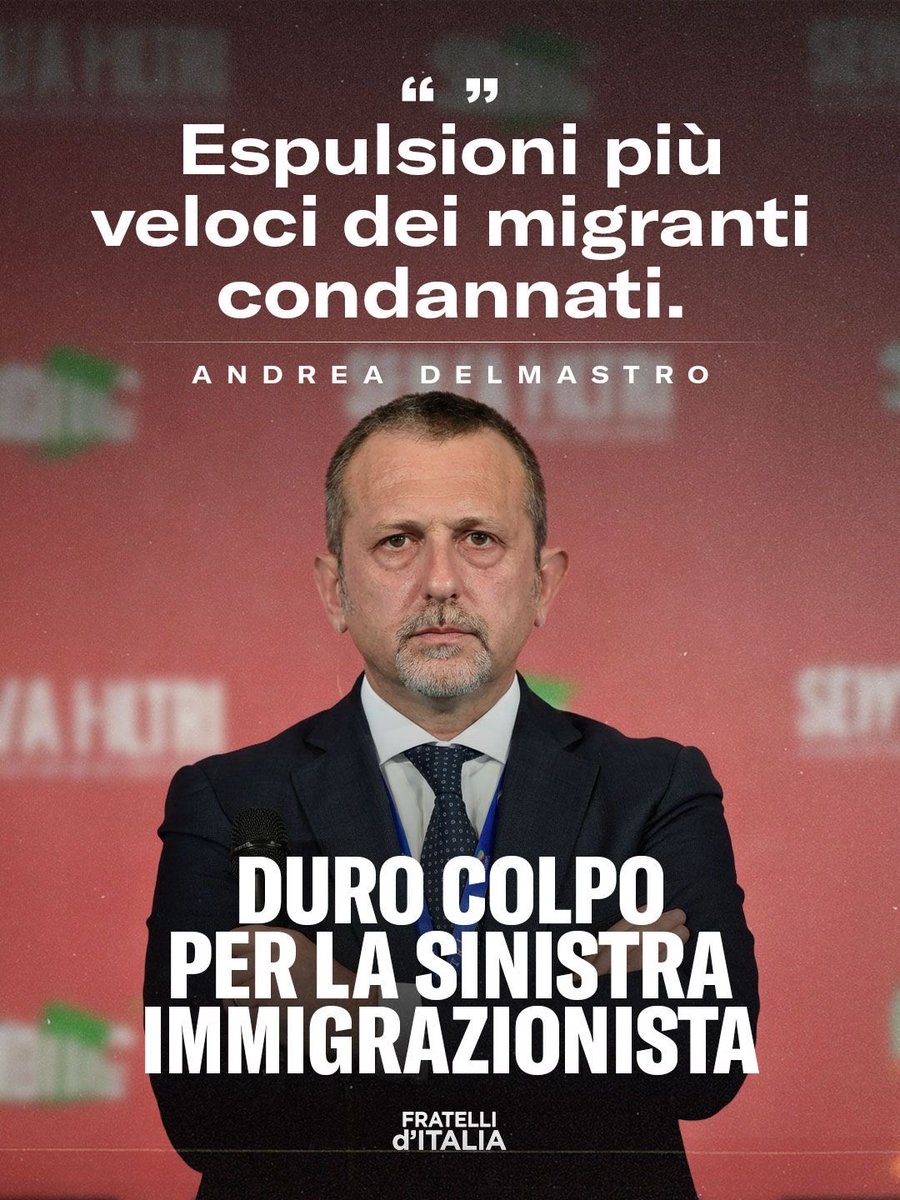 FratellidItalia's tweet photo. Il Governo Meloni sta rafforzando le procedure di espulsione per rendere effettivo il rimpatrio dei criminali stranieri e impedire che i ricorsi blocchino gli allontanamenti. Una linea di fermezza e responsabilità condivisa è necessaria, oggi più che mai, per restituire sicurezza agli italiani e garantire il rispetto delle regole.