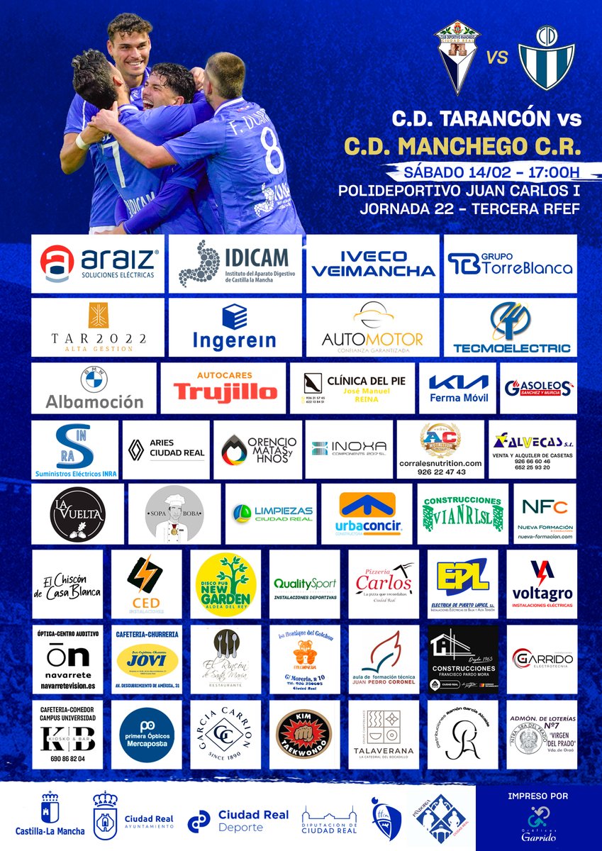 🔵 CARTEL PARTIDO ⚪️     

Repartidos por toda #CiudadReal y pueblos cercanos los carteles del partido de este sábado en el Poli con la visita del C.D. Tarancón.  

Gracias a todas las empresas que suman su apoyo a los partidos de casa. Y a los #Mancheguistas que dedican parte de