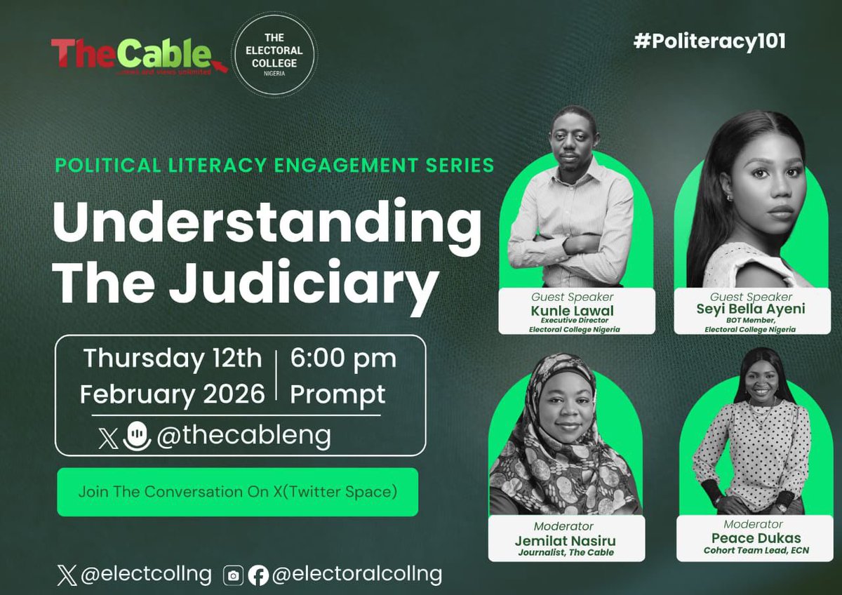 thecableng's tweet photo. From everyday justice to high-stake election disputes, the judiciary remains one of Nigeria’s most powerful institutions.
How does it work? How far do its powers extend? And what reforms are necessary ahead of 2027?

Join our explainer session where @kunlelawal and @seyi_bella break down how the judiciary functions, its role in Nigeria’s democracy, and what citizens should understand about the courts before, during, and beyond elections.

 https://t.co/k4JqSz8G2f