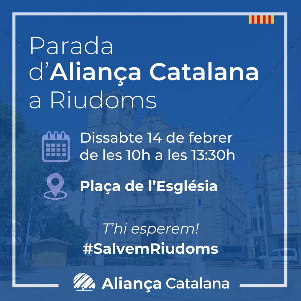 Aquest dissabte dia 14 de febrer de 10:00 h a les 13:30 h tornem als carrers! Vine i xerrem sobre l’actualitat del nostre país i si tens alguna inquietud sobre el nostre projecte, vine i en parlem!  #SalvemCatalunya!💙 #SalvemRiudoms!