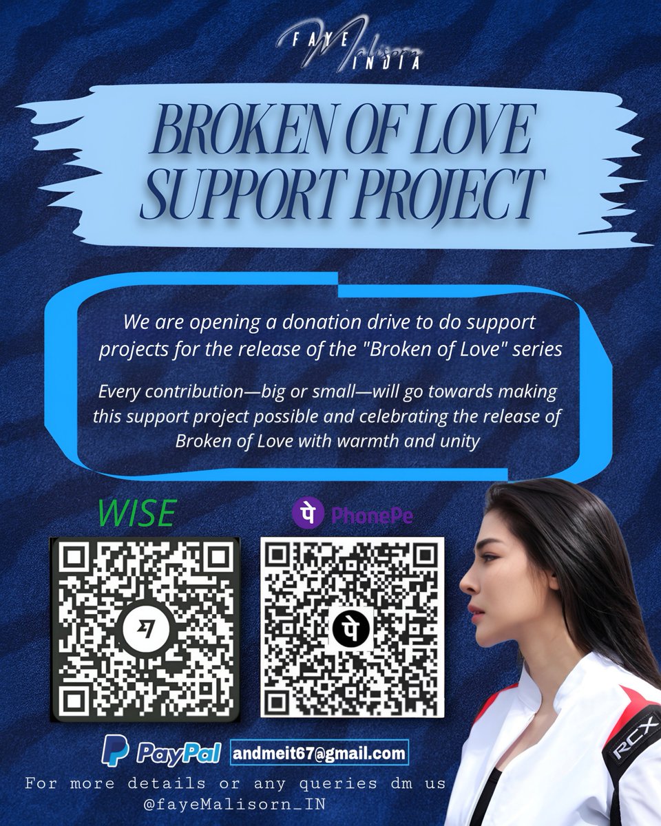 FayeMalisorn_IN's tweet photo. Have you donated? If not, try donating now. Let's help us to send Faye and team something delicious 😋 and something beautiful for 20th broken of love ceremony 💐

Collected amount 
3,927 THB 📥

Target amount 
10k THB 🎯

📌 Donation options: Wise | PhonePe scan Qr | PayPal: andmeit67@gmail.com 
📃Form : https://t.co/fKxKLoo0hV…
(Fill out the form after donating; it's for transparency reports.)

📩 For more details or queries, DM @fayeMalisorn_IN 

Let’s stand together, support together, and celebrate together 🤝💙

#BrokenOfLove #BrokenOfLoveหัวใจช้ำรัก
#FayePeraya #ฝ้ายพีรญา #fayeatom