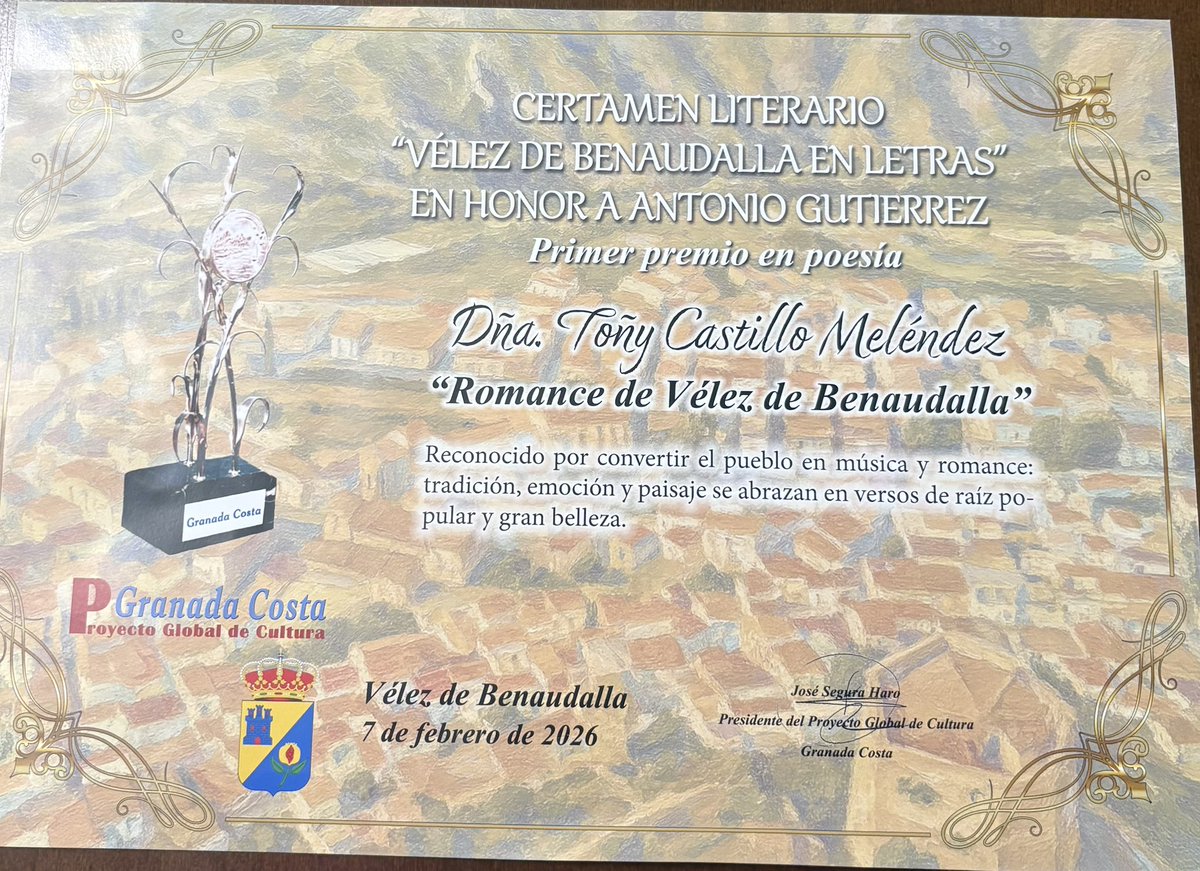 La Dra. Toñy Castillo gana el Primer premio del Certamen de Vélez de Benaudalla de las letras en honor a Antonio Gutiérrez