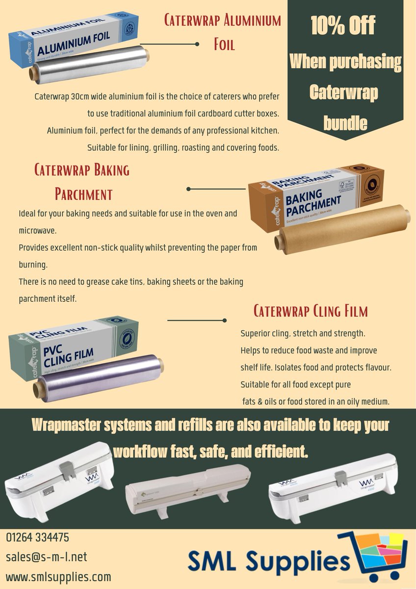 🔥 Great Offer from SML Supplies – Kitchen Essentials Covered!
 
Get 10% OFF when you purchase any of our Caterwrap Bundle, including:
 ✔️PVC Clingfilm
 ✔️Aluminium Foil
 ✔️Baking Parchment
 
These are must-have essentials for every kitchen