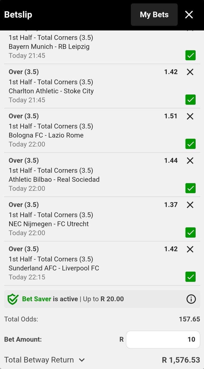 💣🔥💣🔥💣🔥💣🔥💣🔥💣🔥💣🔥
🔥Let's Boom Today 🙏🎊
💣Mixed Corners Selections Formula 
🔥Full-time Corners Over 6.5 &amp; 7.5
💣First-half Corners Under 5.5
🔥Full-time Corners Under 10.5 &amp; 11.5 
💣First-half Corners Over 3.5

🎟Betway Booking Codes ⤵️ 
🔥 BW3B485F25
💣 BW3B48FB53