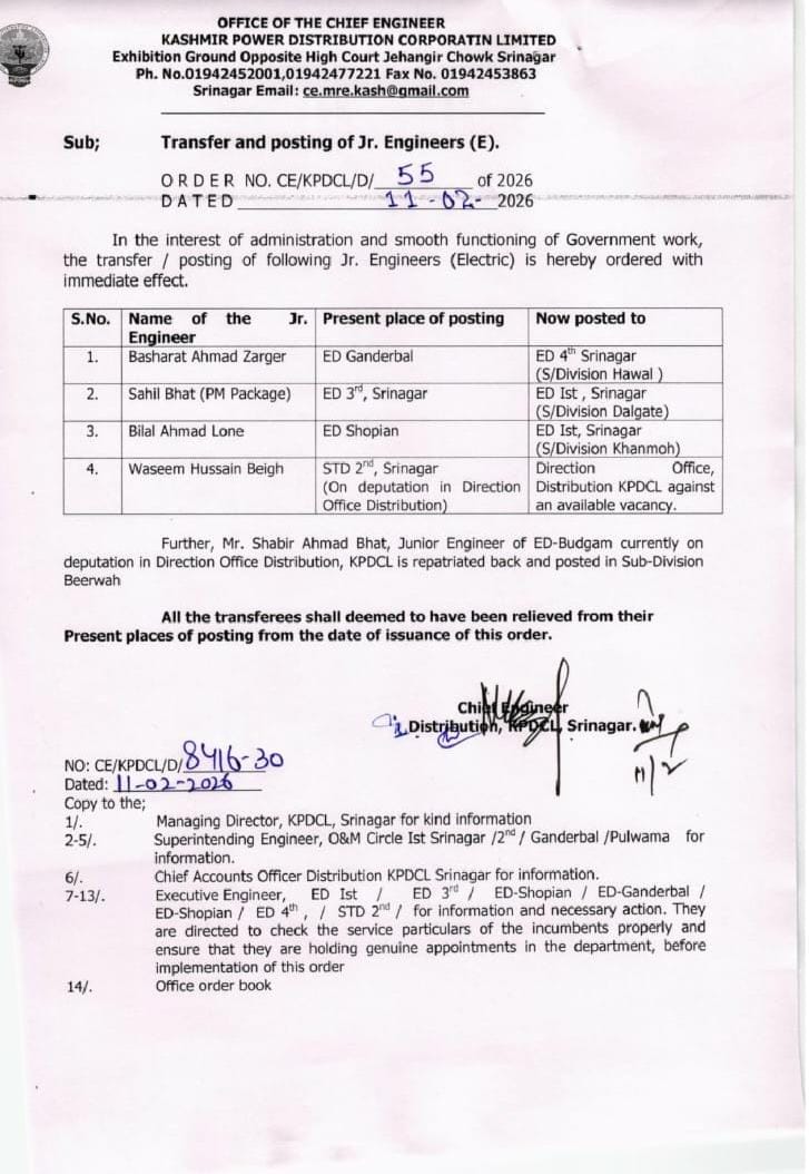 JammuTribune's tweet image. KPDCL Orders Transfer and Posting of Junior Engineers in Kashmir 
#KPDCL #KashmirPower #TransferOrder #JuniorEngineers #Srinagar #Ganderbal #Shopian #JKAdministration #OfficialOrder