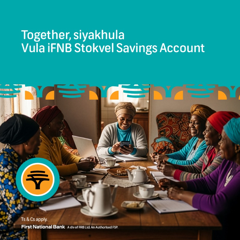 FNBSA's tweet photo. Stokvels are the backbone of our communities. Lapho kukhona ithemba, kukhona ukukhula, even when life takes the crew in different directions. Same people. Same commitment. Together, siyakhula. Vula iFNB Stokvel Savings Account today.