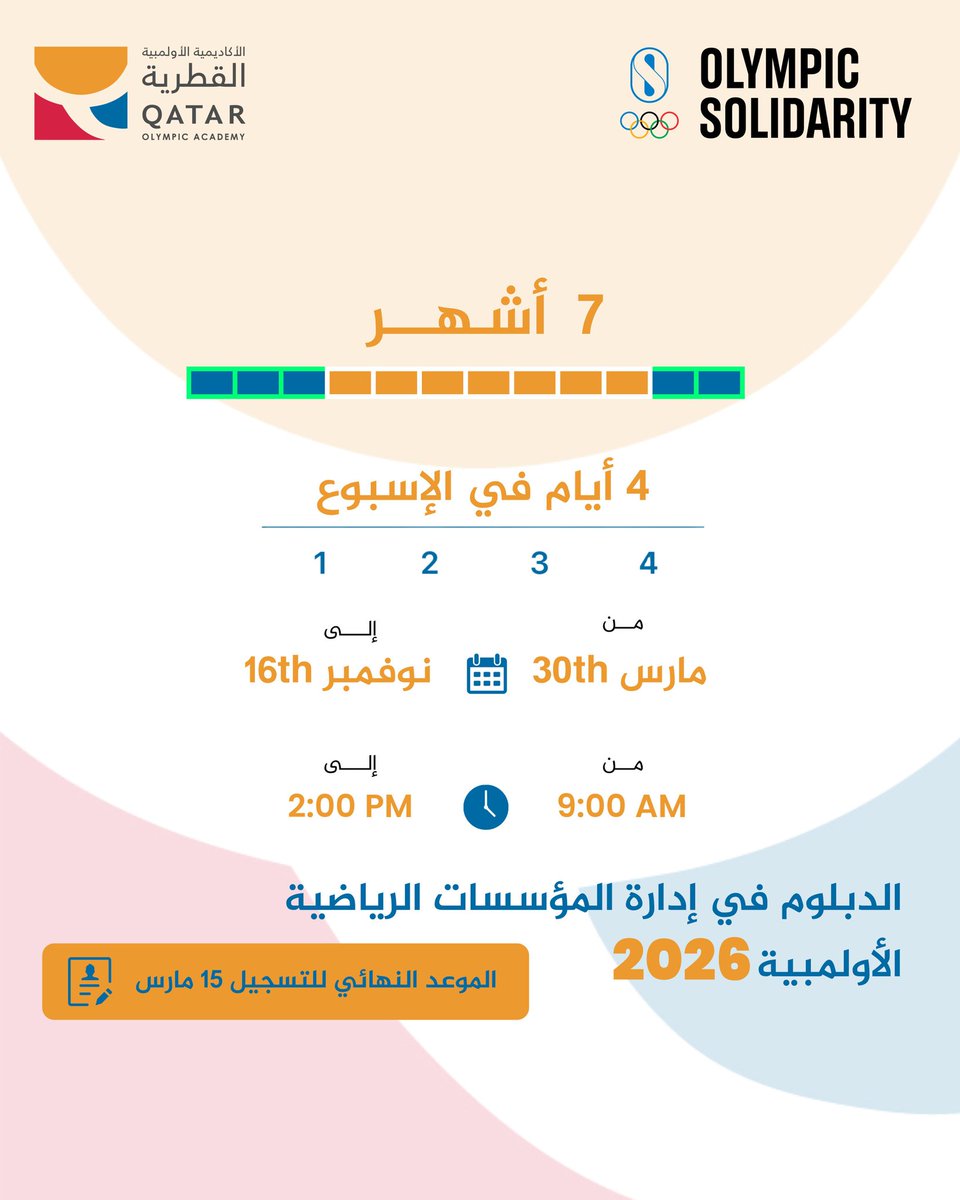 qoa2's tweet photo. 📍تم فتح باب التسجيل للنسخة السادسة عشر للدبلوم في إدارة المؤسسات الرياضية الأولمبية . يستهدف الدبلوم كل من هو مهتم او يعمل في مجال الرياضة في دولة قطر ومن الوطن العربي. تتميز هذه النسخة بالربط العملي والتطبيقي على المؤسسات الرياضية في مختلف المجالات لتعزيز التجربة التعليمية للدارسين.
☑️يرجى التسجيل عبر الرابط التالي https://t.co/sCZFzz6M7p
📞للمزيد من المعلومات يرجى الاتصال على الخط الساخن ٥٥٠٣٥٧٥٣
📚الموعد النهائي للتسجيل ١٥ مارس ٢٠٢٦
🏃‍➡️🏃🏻‍♀️من الممارسة إلى القيادة الرياضية📚
📍Registration is NOW OPEN for the sixth edition of the Diploma in Management of Olympic Sport Organizations. This edition targets individuals interested and working in sports organizations in Qatar and the Arab region. This edition is unique in integrating real case studies from different sports organizations into the curriculum, reinforcing an experiential learning experience for attendees.
☑️Please register through this link https://t.co/sCZFzz6M7p
📞For more information you can contact us on our hotline 55035753
📚Deadline for registration is March 15th 2026.

🏃🏻‍♀️🏃‍➡️Practice-driven sport leadership 📚