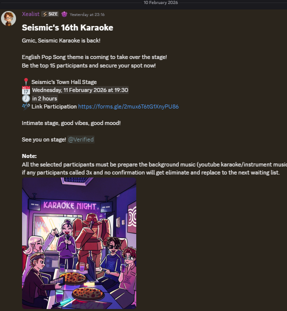 🎤Seismic’s 16th Karaoke is back

Theme: English Pop Song
Be one of the Top 15 to secure your spot!

📍 Seismic Town Hall Stage
🗓️ Wednesday, Feb 11, 2026 – 7:30 PM

See you on stage! 🎶<a href="/SeismicSys/">Seismic</a> 

<a href="/heathcliff_eth/">Heathcliff</a>  <a href="/BharatWormie/">BHARAT.ip</a>