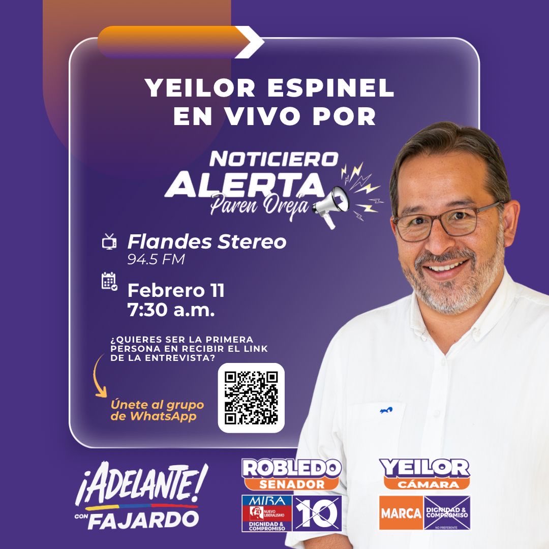✨ Este 11 de febrero, en el noticiero Alerta Paren Oreja, a las 07:30 a.m. Conoce a Yeilor Espinel, candidato a la Cámara de Representantes por Cundinamarca de la lista cerrada de <a href="/dignidadycomp/">Dignidad & Compromiso</a> 

Conéctate aquí: facebook.com/share/v/1GDWbt…