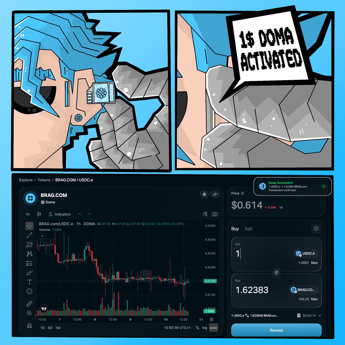 you can try Doma even if you only have $1.

there are many options available, not just one action, but I chose to purchase a share of the fractionalized domain brag.com

I went to the “tokens” tab, than to the token page, entered the amount of USDC.e (1 USDC.e),