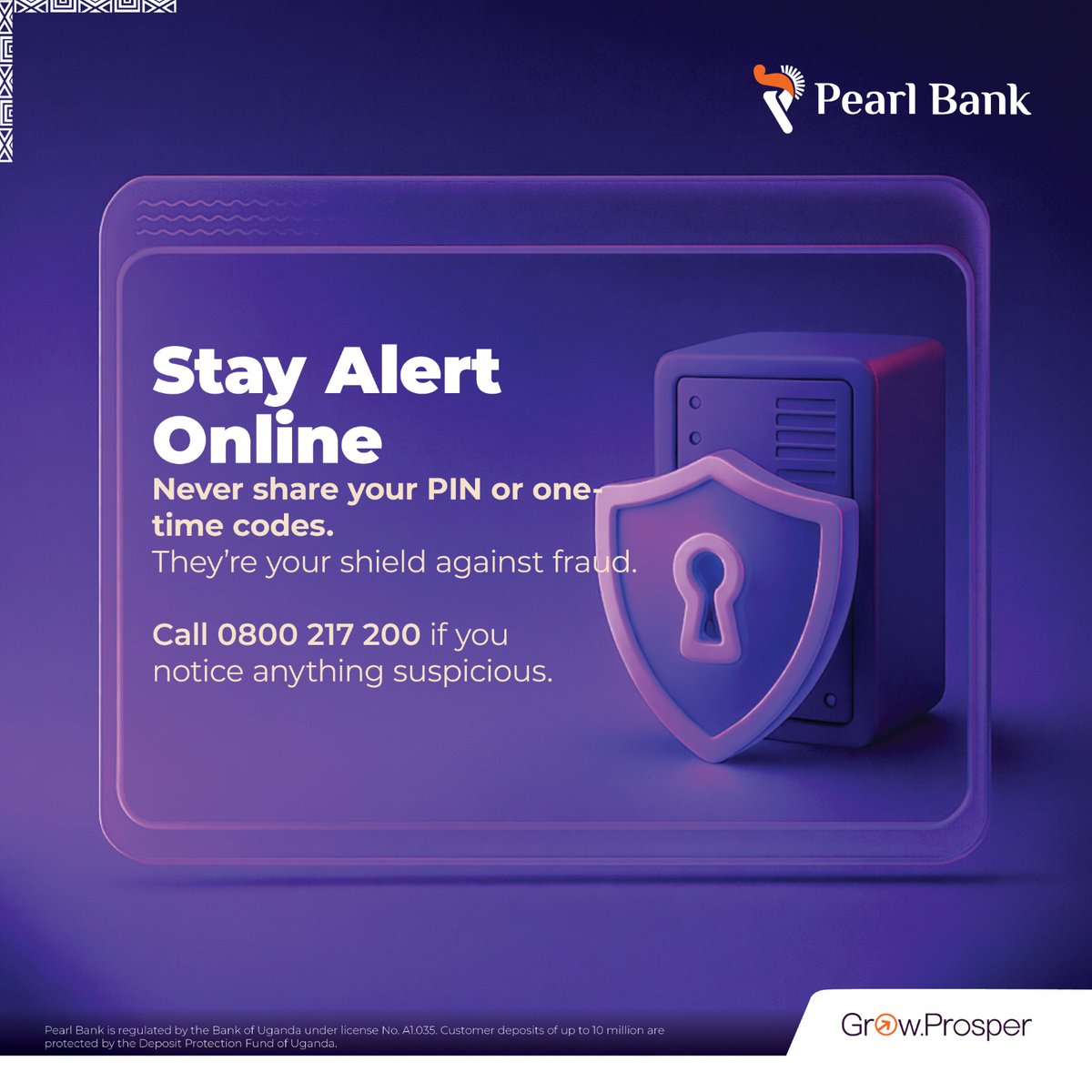 pearlbank_ug's tweet photo. Remember to keep your PIN and one-time codes confidential.
Call 0800 217 200 to report anything suspicious and get help.
#PearlBankUg #GrowProsper #Cybertip https://t.co/t8RjfIwWyE