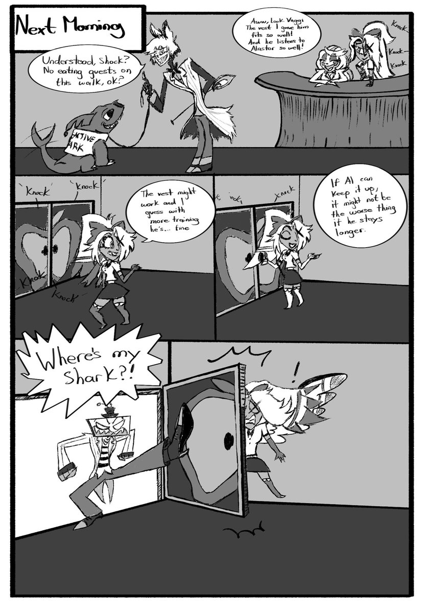 HellasLost's tweet photo. P. 13 of Pet- sitting. Uh oh, Vox is here! Final pages are coming. Need to plan them out better. And I already thought of an extra thing to do. That might be included here oooor it’s own thing like a sequel. #HazbinHotel #HazbinHotelVox #HazbinHotelAlastor #StaticRadio #voxal https://t.co/Yg41cwRB3S