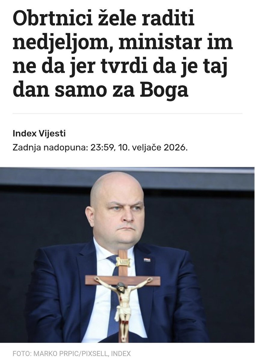 Ministar krši nekoliko članaka Ustava, npr. 5., 41., 49. HR je sekularna država u kojoj se jamči sloboda vjere, ali i pravo na rad. Ako ministar želi ići na misu nedjeljom, to mu nitko ne može zabraniti.Kao što on ne može zabraniti rad drugima samo zato jer je ministar i vjernik.