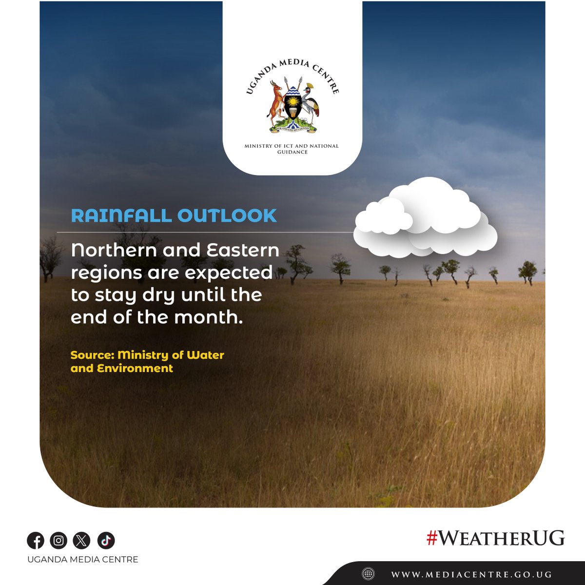 UgandaMediaCent's tweet photo. Dry conditions are forecast to persist across Northern and Eastern Uganda through the end of the month | #WeatherUG https://t.co/kH0kqPcxnQ
