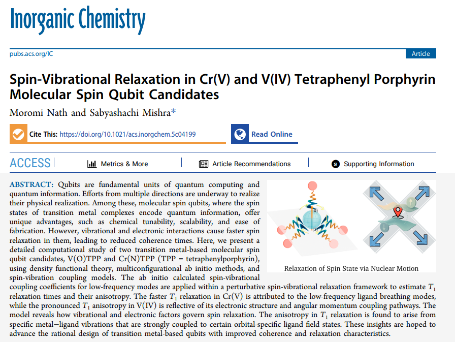MoromiNath4's tweet photo. Delighted to share that our latest work, focusing on molecular spin qubits, utilising electronic structure theory and spin-vibrational coupling, has been published in Inorganic Chemistry. Cherry on top:our cover art has been selected for the journal cover.
https://t.co/T3r1ymXEsB https://t.co/7esnnGYrAP