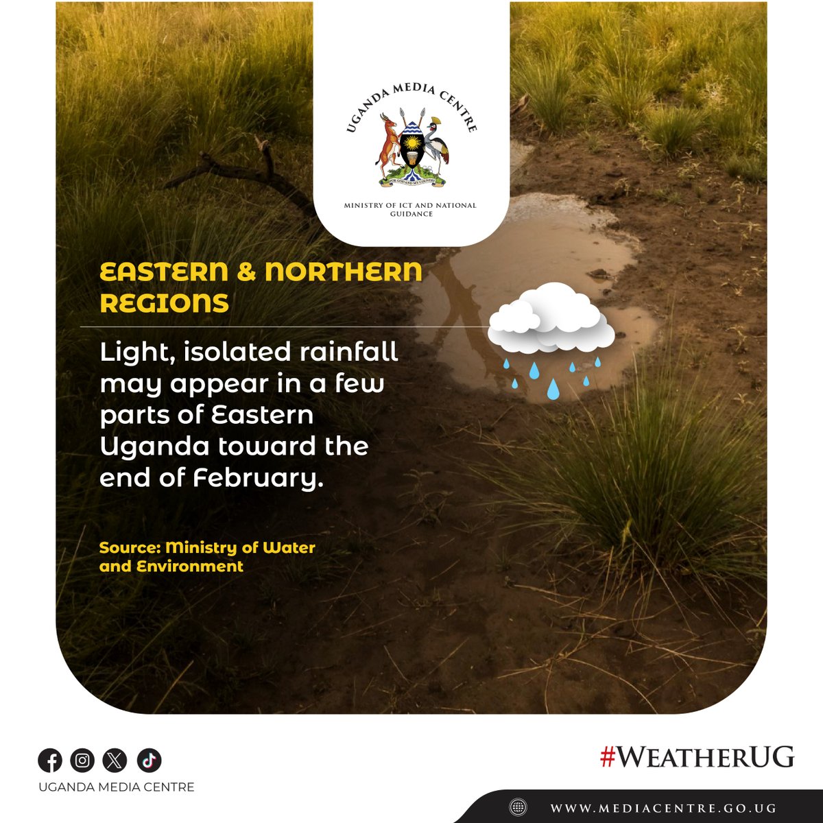 UgandaMediaCent's tweet photo. Toward the end of February, a few areas in Eastern Uganda may receive light, isolated showers as dry conditions begin to ease slightly | #WeatherUG https://t.co/4EQrvQcUkk