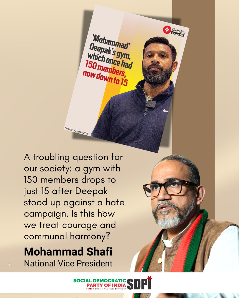 NoorAis15246595's tweet photo. A troubling question for our society: a gym with 150 members drops to just 15 after Deepak stood up against a hate campaign. Is this how we treat courage and communal harmony? #deepak #MuhammadDeepak #SDPI https://t.co/IjjNkYMLCq