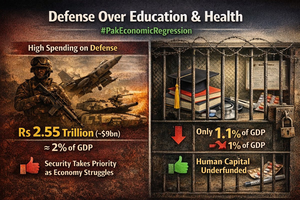 sorathsindhi64's tweet image. When fiscal priorities favor defence over education &amp;amp; health, broad-based growth suffers.  In Pakistan’s FY25-26 budget:
Defence → Rs 2.55T (1.97% of GDP)
Education + Health → &amp;lt;1% of GDP combined #PakEconomicRegression