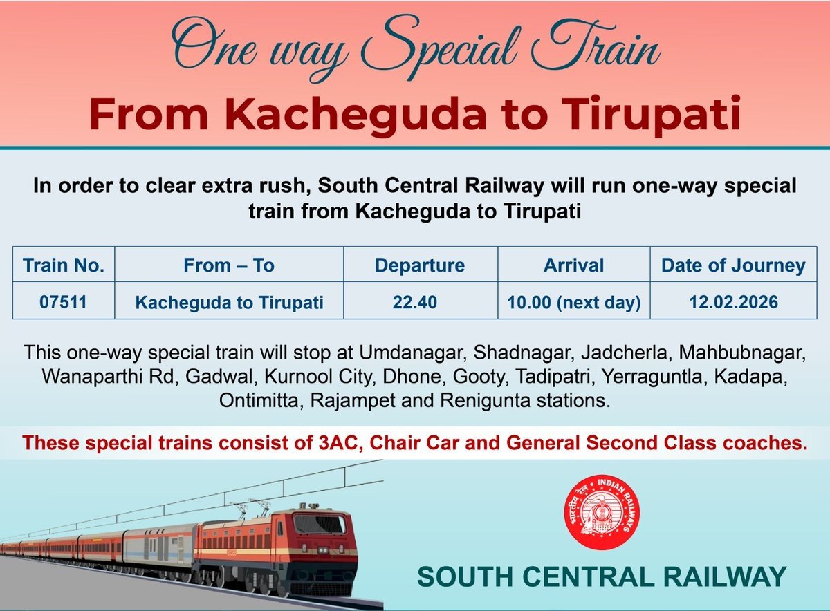 One-Way Special Train | Kacheguda → Tirupati 🚆
To clear extra rush, SCR will run Train No. 07511 on 12.02.2026.
⏰ Dep: 22:40 | Arr: 10:00 (next day)
🪑 Coaches: 3AC, Chair Car &amp; General
<a href="/drmgtl/">DRM Guntakal</a> 
<a href="/SCRailwayIndia/">South Central Railway</a>
