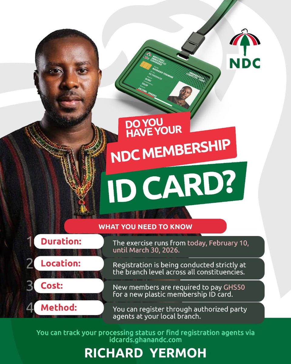 Do you have your NDC Membership ID Card yet?

The nationwide registration exercise is ongoing, and this is your chance to officially register or replace your card.

Date: February 10 – March 30, 2026
Venue: At your local branch (all constituencies)

Cost: GHS 50 for new plastic