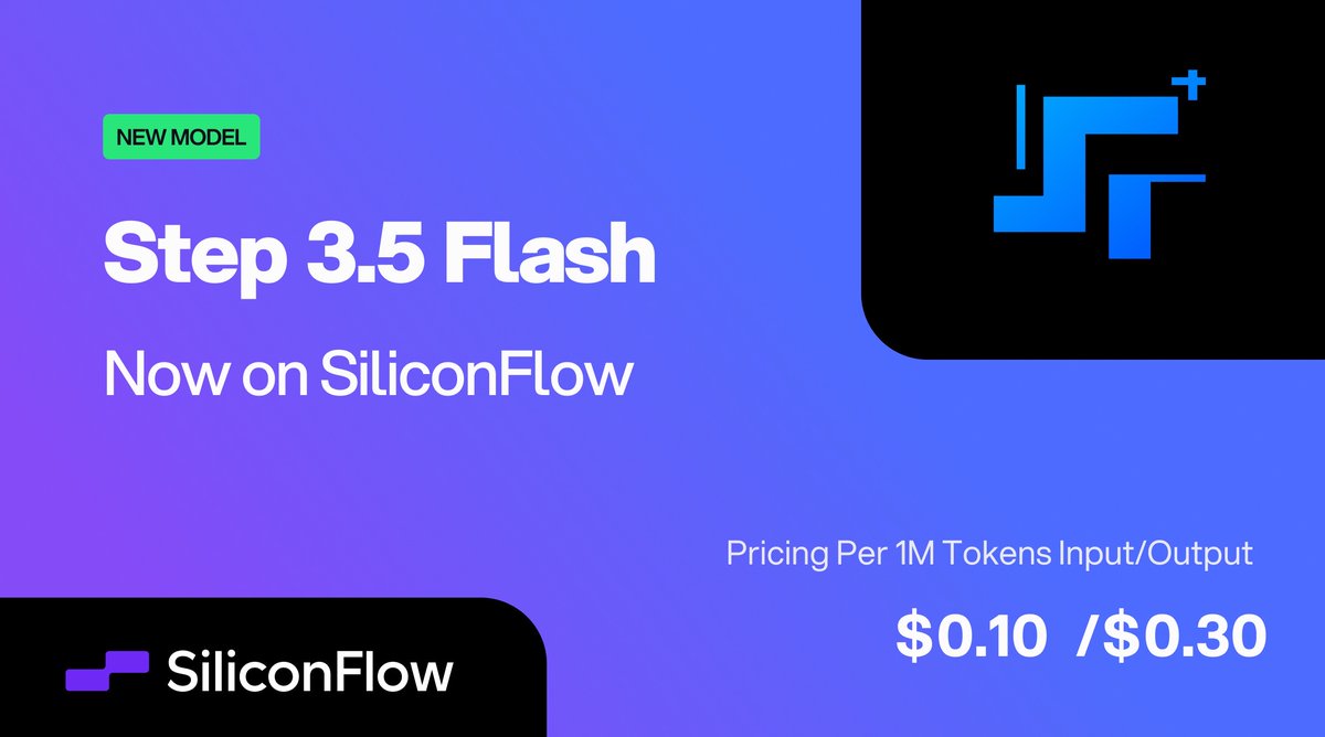 🚀 Step 3.5 Flash is now live on SiliconFlow!
<a href="/StepFun_ai/">StepFun</a> 's most capable open-source foundation model is here. Step 3.5 Flash delivers frontier reasoning &amp; agentic capabilities with exceptional efficiency.
Built on a sparse MoE architecture (11B active/196B total), it rivals