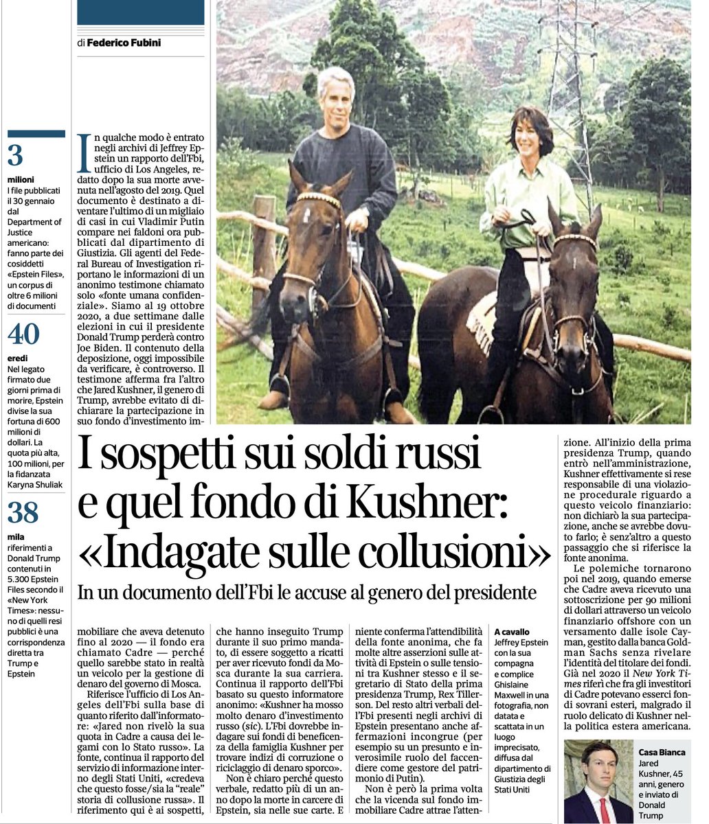 Il 'suicidato' Epstein era funzionale e organico ai circoli di potere e della difesa legati strettamente a Israele, ambiguamente piazzato fra Democrat E Repubblicani; il Jared Kushner genero di Donaldo è il proconsole israeliano in USA. E per Furbini la colpa è sempre russa.