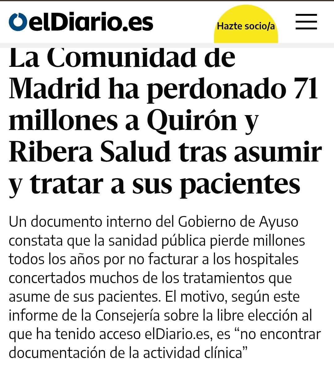 Este es el chollo de la privatización de la sanidad en Madrid: cuando Quirón o Ribera Salud captan pacientes, los cobran a precio de oro. Pero, cuando los pierden, al gobierno de Ayuso “se le olvida” facturarles. 
Se llama malversación y lo vamos a investigar.