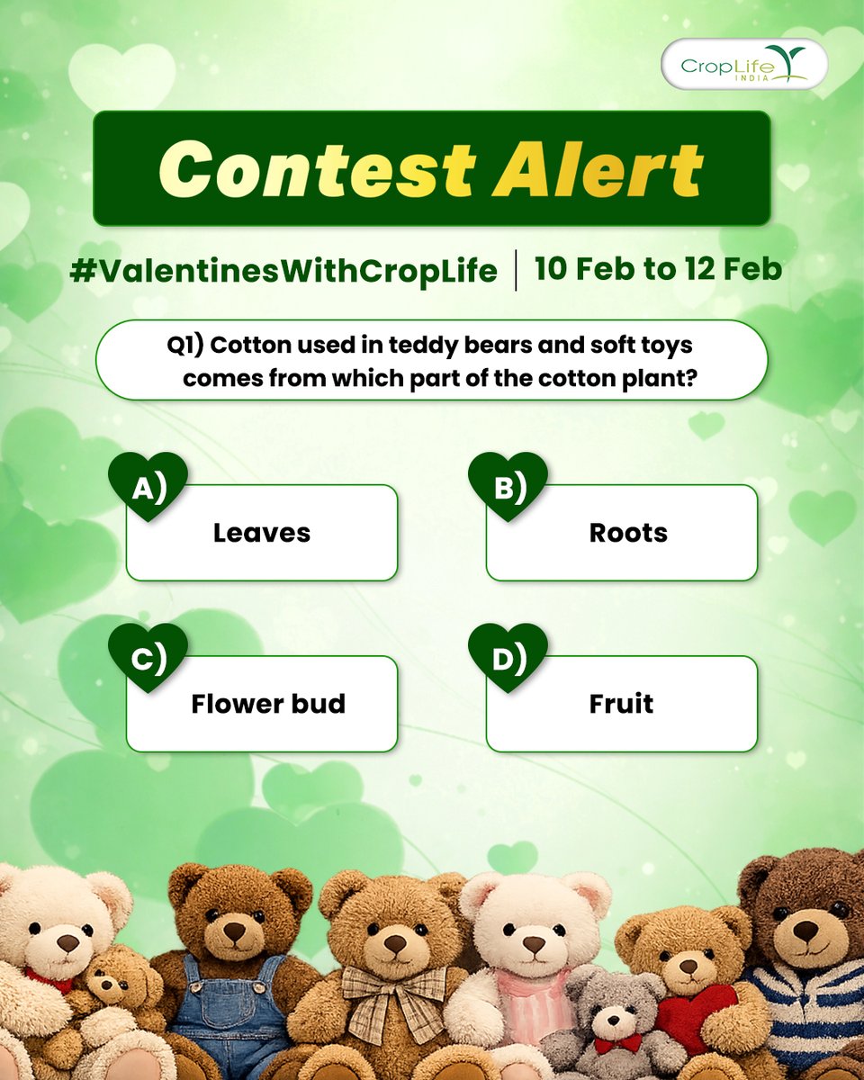 Contest Rules:

1) Follow CropLife India on all our social media platforms
2) Share the correct answer in the comments section using the hashtag #ValentinesWithCropLife and tag three of your friends.
3) Share the contest post on your story and tag CropLifeIndia.
Stay tuned for Q2