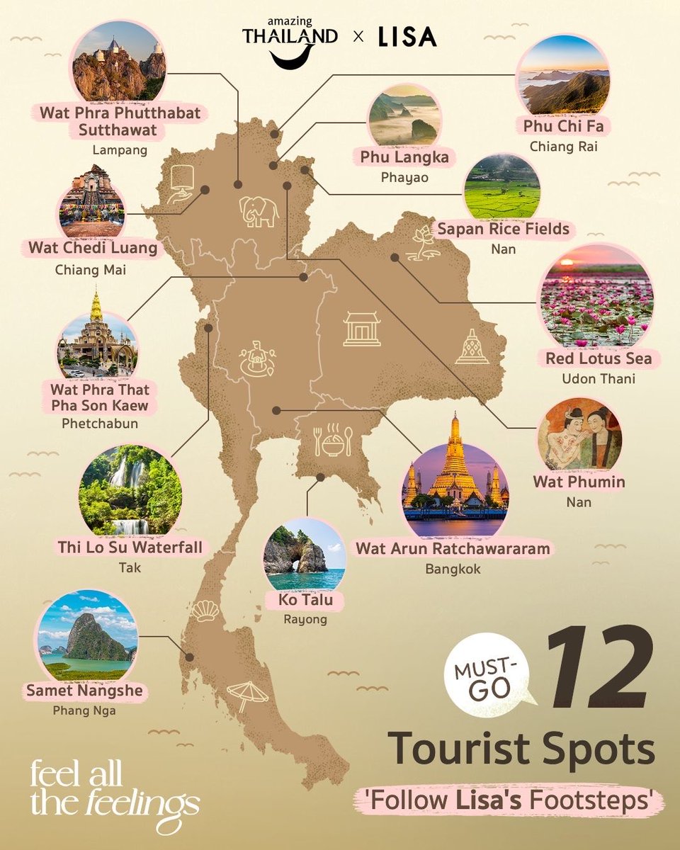 Treed in Lisa's voetsporen en bezoek alle iconische bestemmingen van Thailand in de campagne "Feel all feelings".

Ga met haar mee op een reis om nieuwe sensaties te ontdekken, van opwinding tot verwondering, met deze 12 bijzondere bestemmingen.

📌 Phu Chi Fa, Chiang Rai 
Een