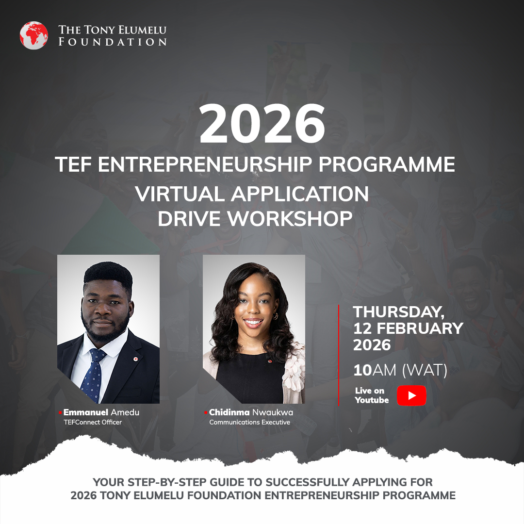 Ready to turn your business idea into reality?

Join our free virtual application workshop for the 2026 TEF Entrepreneurship Programme. 

🗓 Thu, 12 Feb 2026
🕙 10:00 AM WAT
📍 TEF YouTube Channel

Don’t let a simple error cost you the opportunity. Tag an entrepreneur!

#TEF2026