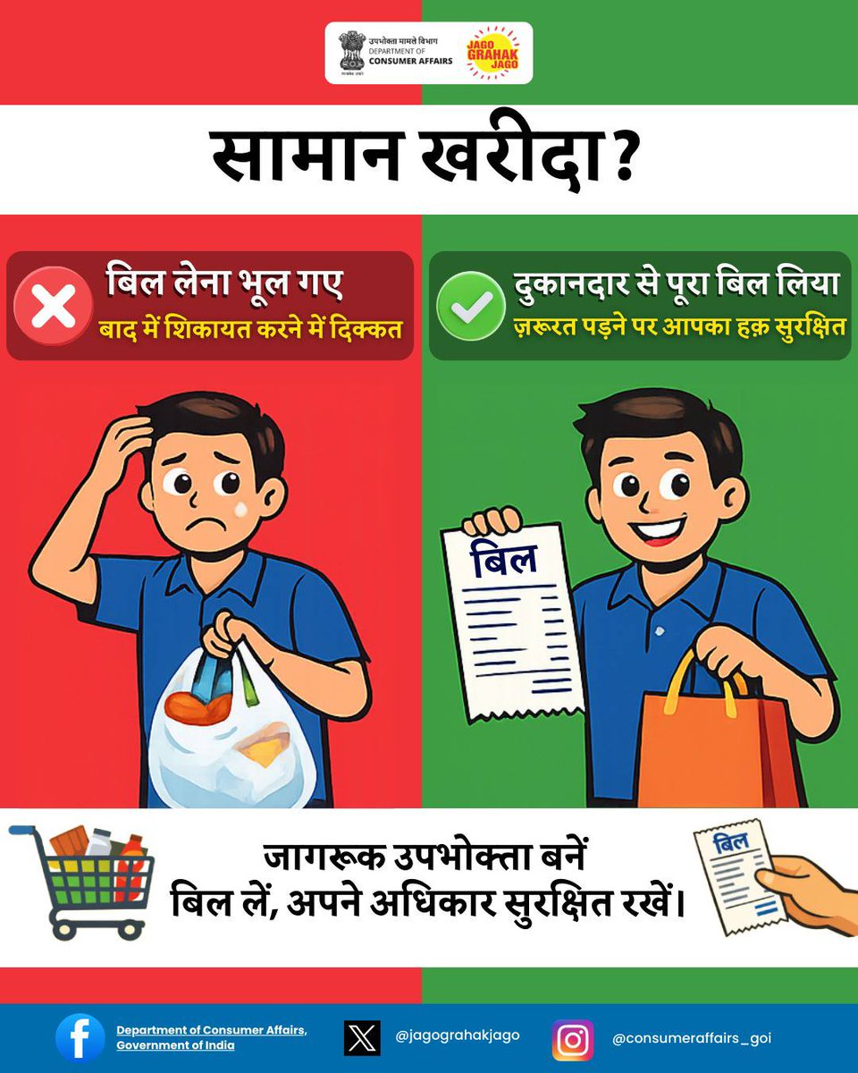 jagograhakjago's tweet image. उपभोक्ता ध्यान दें! खरीदारी करते समय बिल लेना न भूलें। यह आपका अधिकार है। यदि दुकानदार बिल देने से मना करे, तो इसकी शिकायत राष्ट्रीय उपभोक्ता हेल्पलाइन 1915 पर करें या 8800001915 पर WhatsApp करें। #Bill #JagoGrahakJago #NCH1915 #ConsumerAwareness #NationalConsumerHelpline