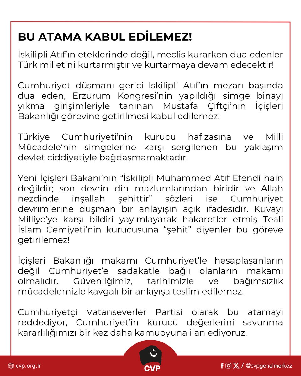 BU ATAMA KABUL EDİLEMEZ!

İskilipli Atıf’ın eteklerinde değil, meclis kurarken dua edenler Türk milletini kurtarmıştır ve kurtarmaya devam edecektir!

Cumhuriyet düşmanı gerici İskilipli Atıf’ın mezarı başında dua eden, Erzurum Kongresi’nin yapıldığı simge binayı yıkma