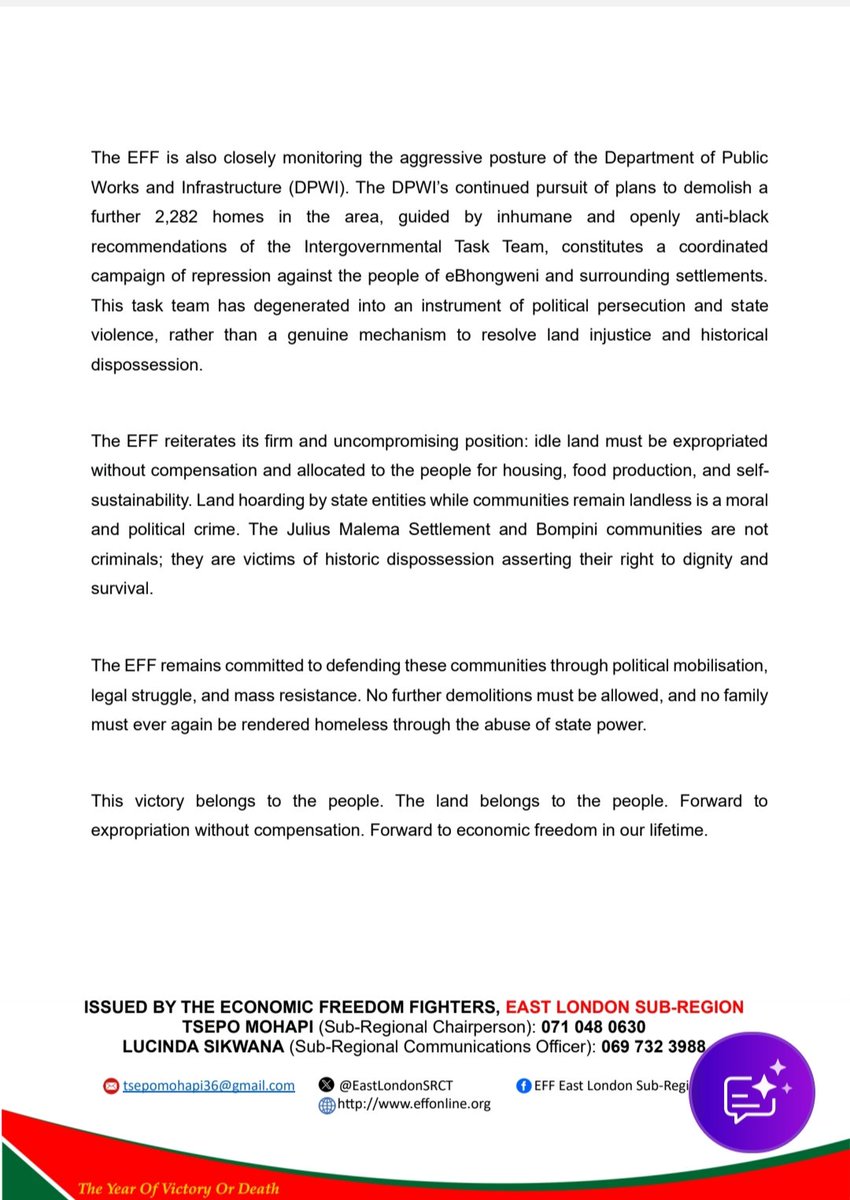 EastLondon_SRCT's tweet photo. The EFF statement welcoming the setting aside of the court order that led to the demolition of houses in Bhompini and Julius Malema Settlement. https://t.co/8pY3pu2QAP