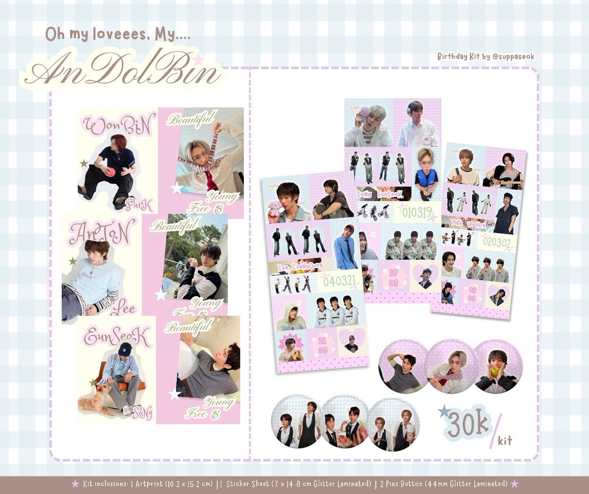 stuffsite's tweet photo. sells ! Interest check 🗯🍏⭐️
(rts &amp; likes are appreciated)

Birthday Kit Anton, Eunseok, and Wonbin. 
Oh my loveees, My AnDolBin ★
💭 30k/kit 

Kindly drop ur @ if ure interested!! thank you 💌 (suppaseok) https://t.co/cxZEAlRNrz