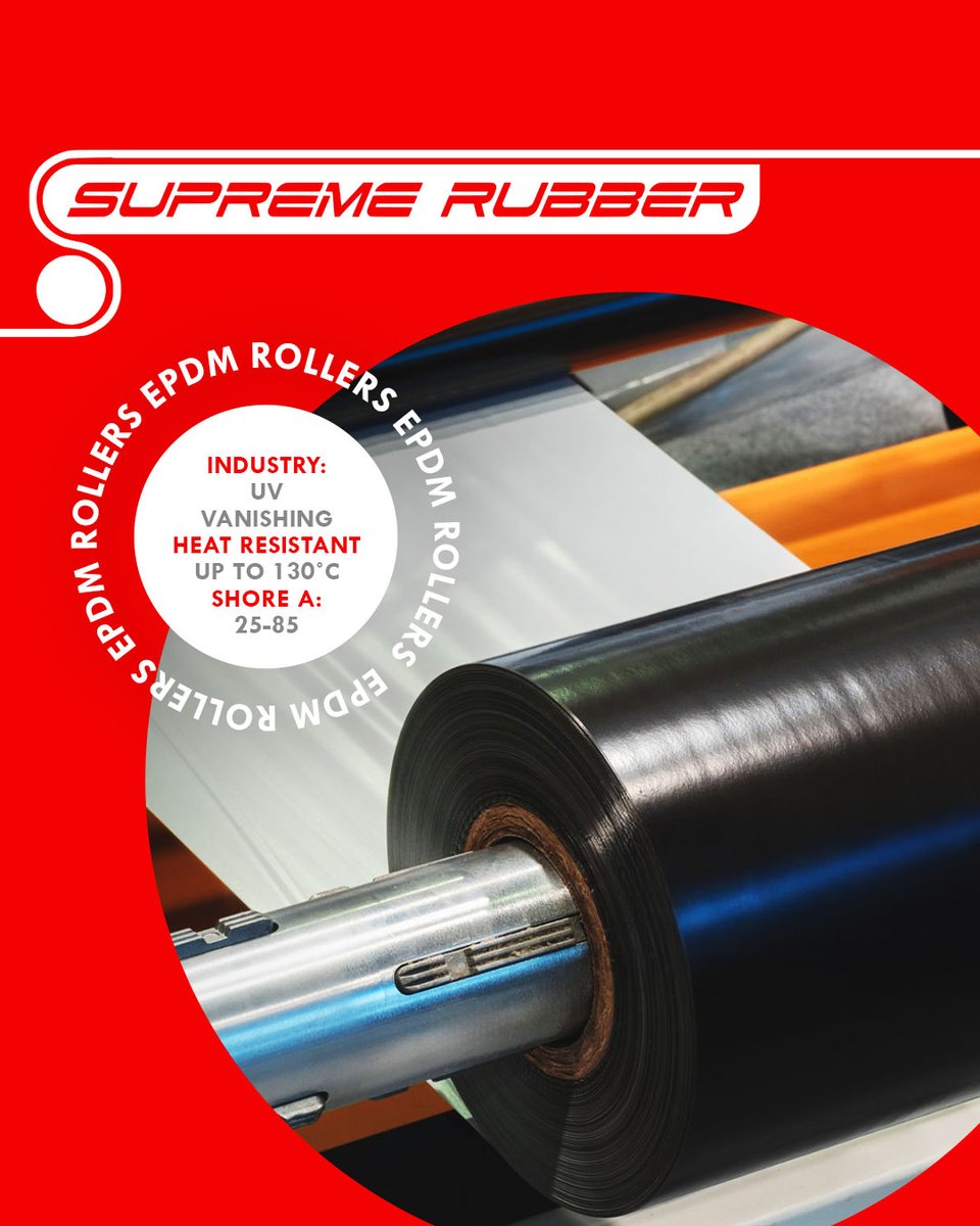 SupremeRubber's tweet image. Built for UV vanishing, EPDM rollers deliver heat resistance up to 130°C, Shore A 25-85, excellent abrasion and ozone resistance, and steam stability due to a chemically saturated polymer chain.

#supremerubber #rubberrollers #hypalon #silicone #neoprene supremerubber.co.za