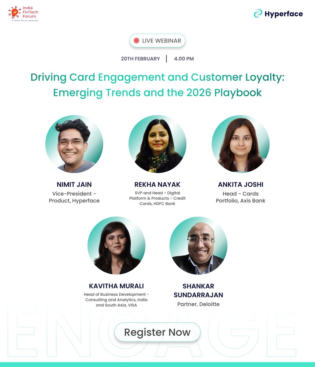 HyperfaceHQ's tweet photo. Our VP of Product, Nimit Jain, joins senior leaders from @HDFC_Bank , @AxisBank, @Visa and @Deloitte to share practical strategies to boost card usage, activation, and long-term customer loyalty. 

Hosted by @IndiaFintechForum

𝗥𝗲𝗴𝗶𝘀𝘁𝗲𝗿 𝗡𝗼𝘄: https://t.co/JBzEemP4R9 https://t.co/0NfIab7Jo8