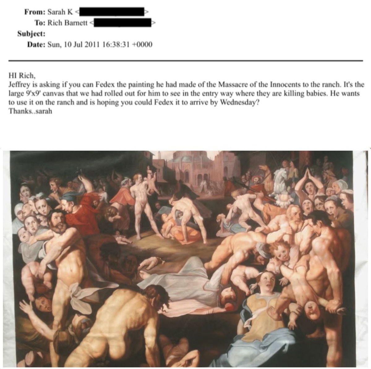 🇺🇸 Epstein ordered $2,000 "MASSACRE OF THE INNOCENTS" painting for Zorro Ranch in New Mexico 

 It illustrates the biblical massacre of male infants under two in Bethlehem

“It’s the large 9'x9' canvas that we displayed in the entrance where they are killing babies.”  — Epstein's