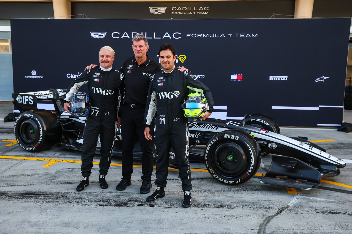 F1's tweet image. Who doesn't love an old-school car launch photo op? 😍

Valtteri, Checo, and @Cadillac_F1 team boss Graeme Lowdon gave us the classic 'drivers-on-tyres' poses ahead of Wednesday's running

#F1 #F1Testing