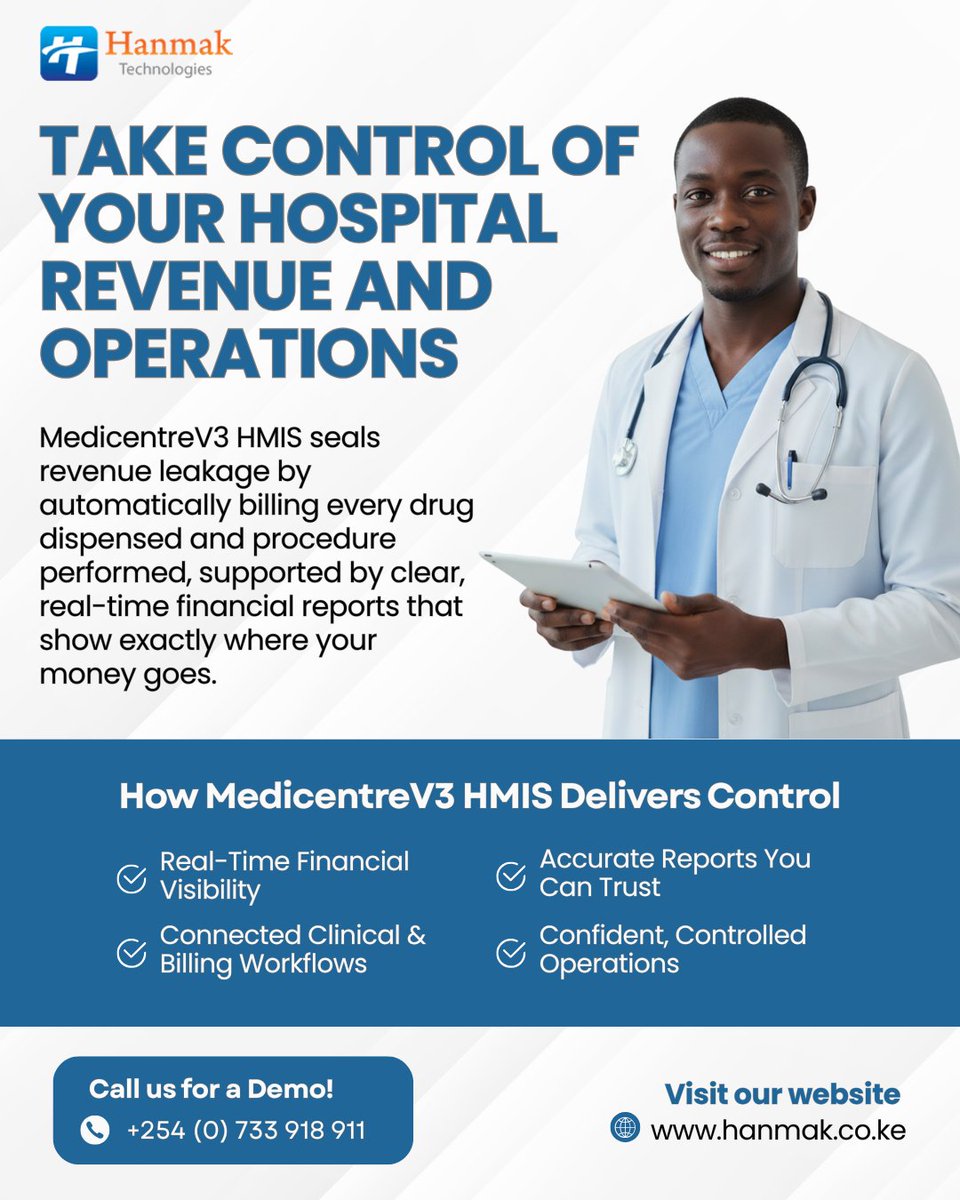 hanmaklimited's tweet photo. If your billing and clinical systems aren’t connected,
you are leaking revenue.

MedicentreV3 HMIS automatically captures drugs, procedures, and financial data in real time.

No gaps. No guesswork.
#HealthIT https://t.co/uEyMXiZN5h